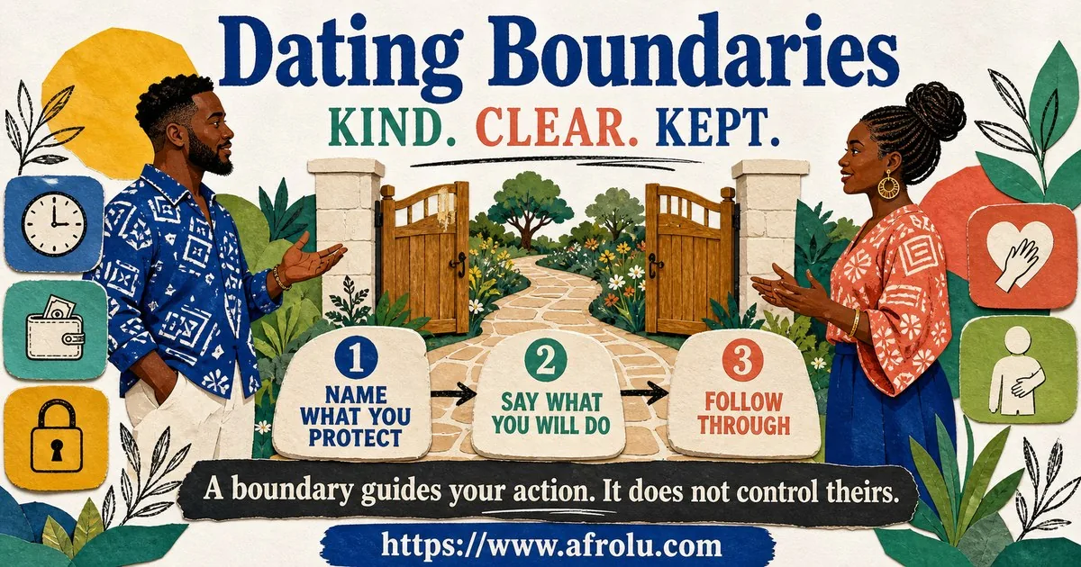 Illustrated dating boundaries guide showing how to name a limit, state an action, and follow through kindly.
