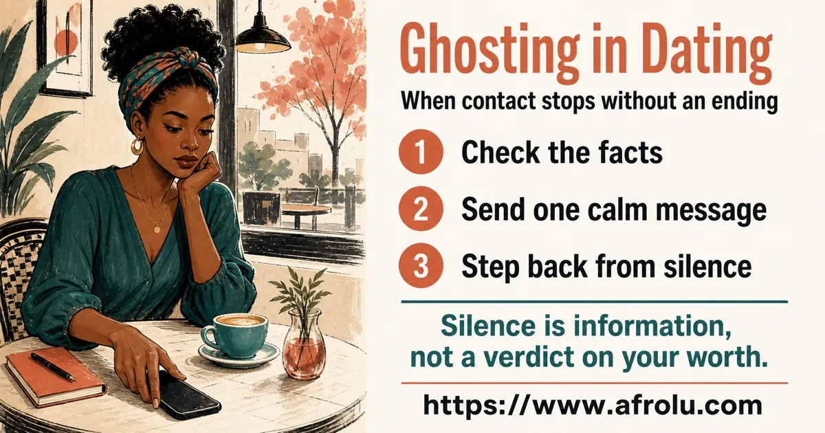 Illustrated ghosting guide showing an unanswered message, one calm check-in, and the choice to step back.